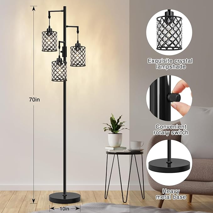 GyroVu Crystal Floor Lamps for Living Room, 3-Light Black Floor Lamp, Standing Tall Lamp with Elegant K9 Crystal Shade & Rotary Switch, Modern Corner Floor Lamp for Bedroom, Home Office, Reading