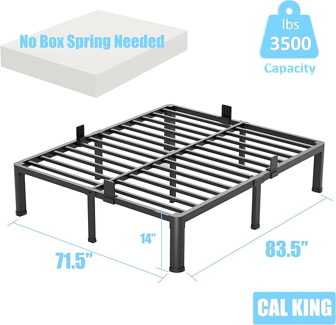FUIOBYVV California King Bed Frame with Round Corner Edge Legs 14 inch High 3500 lbs Heavy Duty Metal Platform Bed Frame King Size No Box Spring Needed/Noise Free/Steel Slat Support/Non-Slip Black