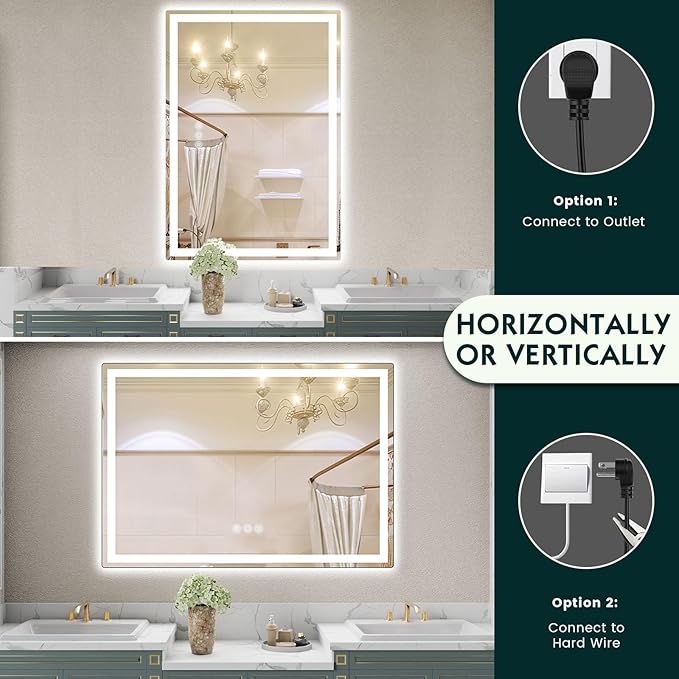 LED Mirror for Bathroom 36"x 48" with Frontlit and Backlit, Anti-Fog Mirror with Lights, Stepless 3 Colors Temperature & Dimmable Bathroom Mirror