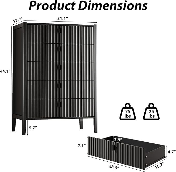 Black 5 Drawer Dresser, Fluted Wood Chest of Drawers for Bedroom, Modern Dresser with Deep Drawers for Clothes, 32 Inch Tall Nightstand for Bedroom, Living Rooms, Offices, and Entryways