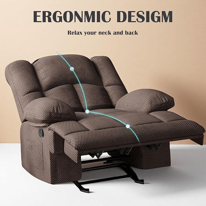 Oversized Rocker Recliner Chair, Wide Rocker Chair with Adjustable Backrest Footrest, Oversized Recliner for Adults, Cashmere Reclining Sofa for Living Room, Chocolate