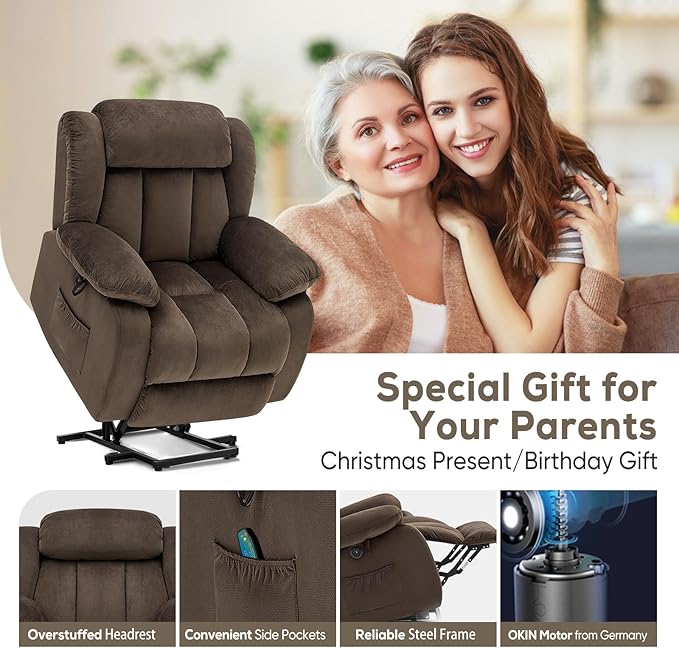 Power Lift Recliner Chair for Elderly with Heated and Massage, Adjustable Lift Chair Recliner, USB Port, Side Pocket, Plush Fabric, Brown