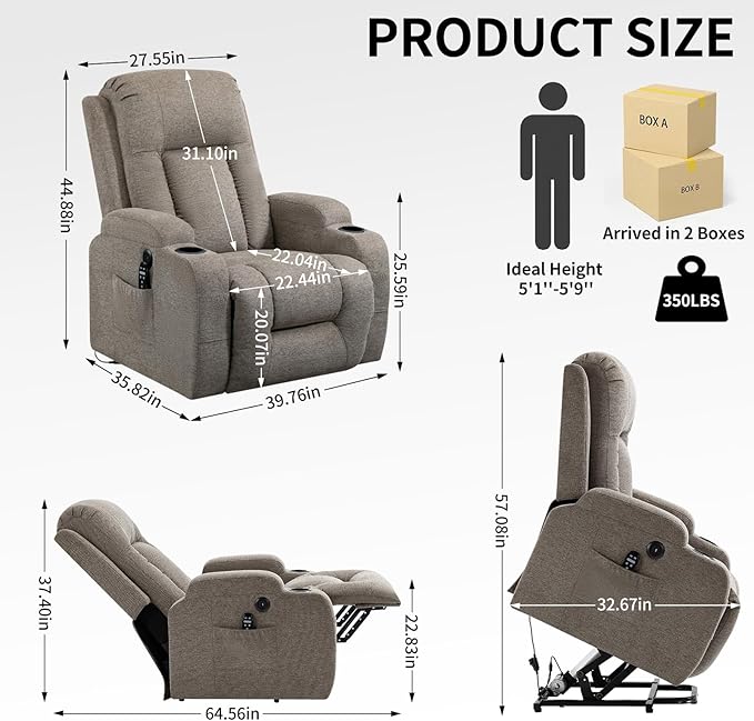 PELUMY Power Lift Recliner Chair for Elderly with Massage & Heat - Heavy Duty Electric Lift Chair, Oversized Recliner, Lay Flat, 8-Point Vibration, Lumbar Heating, USB Port, Cup Holders (Khaki)