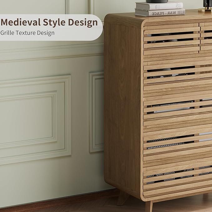 Fluted Dresser for Bedroom, Tall Dresser with 6 Drawers, Chests of Drawers with Grille & Curved Design, Dressers Slides Pre-Installed, Large Wood Drawer Organizer for Bedroom Hallway, Natural Oak