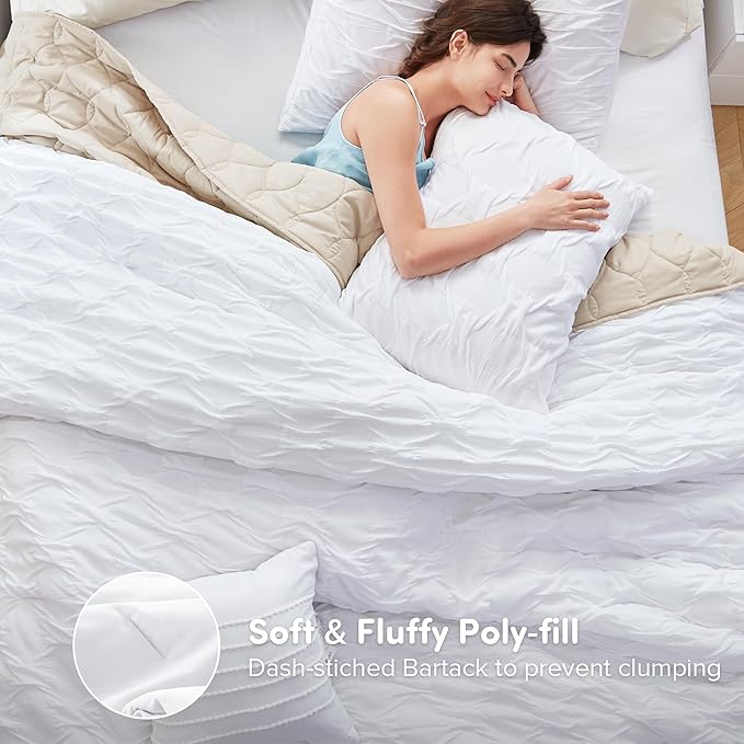 Comfort Spaces Comforter for King Size Bed, Ogee Ruched with Crinkle Texture, Breathable Comforter Set King, All Season Lightweight Bedding Set, Shams, Décor Pilow, King/Cal King White 4 Piece