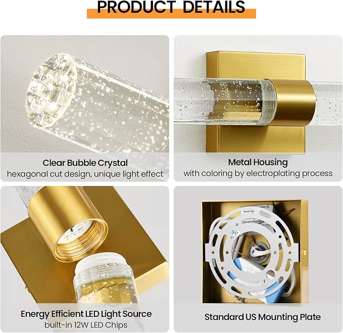 Gold Wall Sconces Set of Two - Modern Crystal Sconces Wall Lighting 12W 4000K LED Wall Sconce Dimmable Indoor Wall Light Fixtures for Bathroom Bedroom Living Room Hallway, 18 Inch