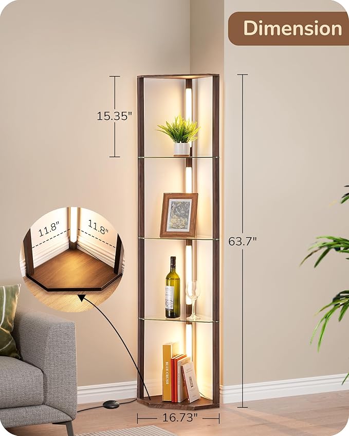 EDISHINE Floor Lamp with Shelves, 5-Tier Glass Display Shelf with Remote/Foot Control, 5CCT & Dimmable Corner Shelf Lamp, Open Display Cabinet, Floor Lamps for Living Room, Bedroom, Walnut Color