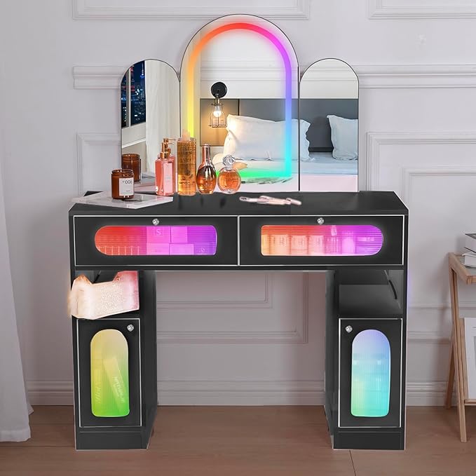 Vanity Desk with Arched Tri-Fold Mirror, Dimmable Vanity Table, LED RGB Makeup Vanity with 2 Drawers, 2 Open Storage Area & 2 Cabinets, Gifts for Girls/Women, Dressing Table (Black)