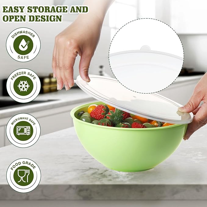 4-Piece Plastic Mixing Bowl Set with Lids for Kitchen, 67oz Lightweight Storage Bowls, Large Salad Bowls for Baking, Prepping, Cooking and Serving Food, Dishwasher & Microwave Safe