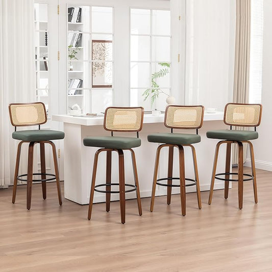 Bar Stools Set of 4 - 30 inch Rattan Swivel Bar Stools with Walnut Craftsmanship, Curved Rattan Back, Upholstered Seat, Mid Century Modern BarStools for Bar/ Pub/Island/Cafe (30" Seat Height, Green)