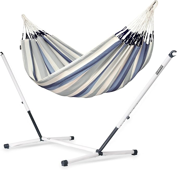 LA SIESTA® - XL King Brisa Classic Hammock & Nautico Steel Stand - Weather & Tear Resistant - Portable, Family Hammock w/Stand - Balcony Porch Garden Outdoor Indoor Hammock - Max 440 Lbs, Sea Salt