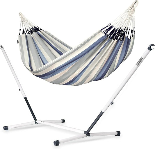 LA SIESTA® - Large Double Brisa Classic Hammock & Nautico Steel Stand - Weather & Tear Resistant Portable Hammock w/Stand - Balcony Porch Garden Outdoor Indoor Hammock - 2-Person Max 355 Lbs, Seasalt