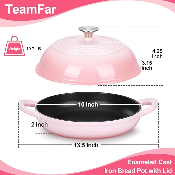 TeamFar Cast Iron Bread Dutch Oven, 6 Qt Enameled Dutch Oven Pot for Sourdough Bread Baking, with Tall Dome Lid & Round Base Pan, Self-Basting & Even-Heating, Heavy-Duty & Non-stick, Pink