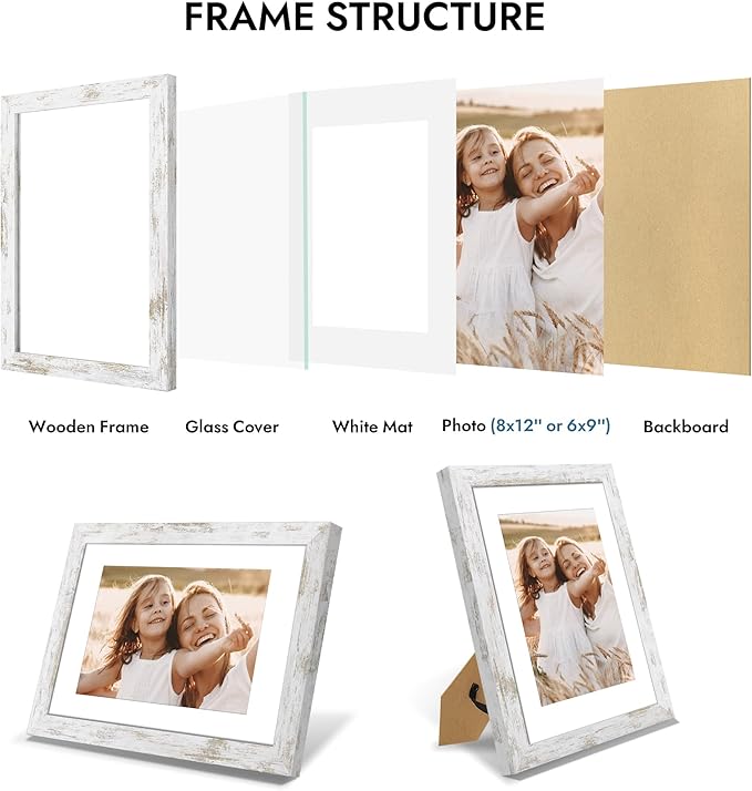 8x12 Picture Frame with Glass, Display Pictures 6x9 with Mat or 8 x 12 without Mat - Wall and Tabletop, 8 by 12 Photo Wooden Frames (Distressed White, 1 Pack)