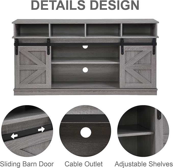 Softa 58" TV Stand, Modern & Farmhouse Wood Entertainment Center for TVs Up to 65", with Sliding Barn Door, Storage Cabinet Table, Adjustable Shelves (Gray)