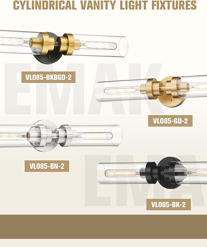 Emak Black and Gold Vanity Lights for Mirror, Modern 22 Inch Bathroom Light Fixtures with Clear Glass Shade, 2-Light Cylinder Wall Sconce for Bathroom, Bedroom, Hallway, VL085-BKBGD-2