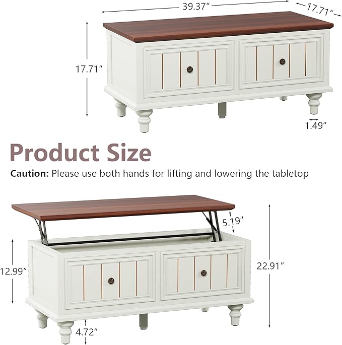 39" Lift Top Coffee Table for Hidden Compartment, Wood Coffee Tables with Shelf, Farmhouse Rectangular Center Table Dining Table for Living Room Home Office Small Space (Beige)
