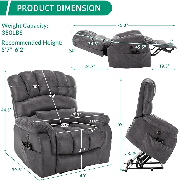 VIVIJASON Tall Man Large Dual Motor Power Lift Recliner Chair with Extended Footrest, Overstuffed Lay Flat Sleeper Electric Recliner W/Heat & Massage, Lumbar Pillow, USB & Type-C Ports, Gray