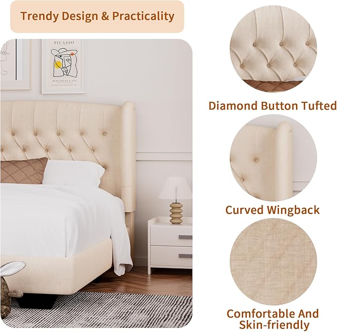 Rosevera Upholstered Queen Bed Frame with Adjustable Tufted Headboard,Classic Solid Wood Bed Frame with Wingback Headboard for Bedroom,Beige (Beige, King (U.S. Standard))