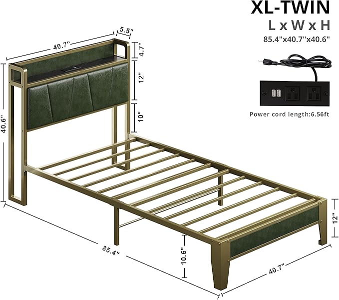 LIKIMIO Twin XL Bed Frame, Storage Headboard with Charging Station, Solid and Stable, Noise Free, No Box Spring Needed, Easy Assembly (Dark Green)