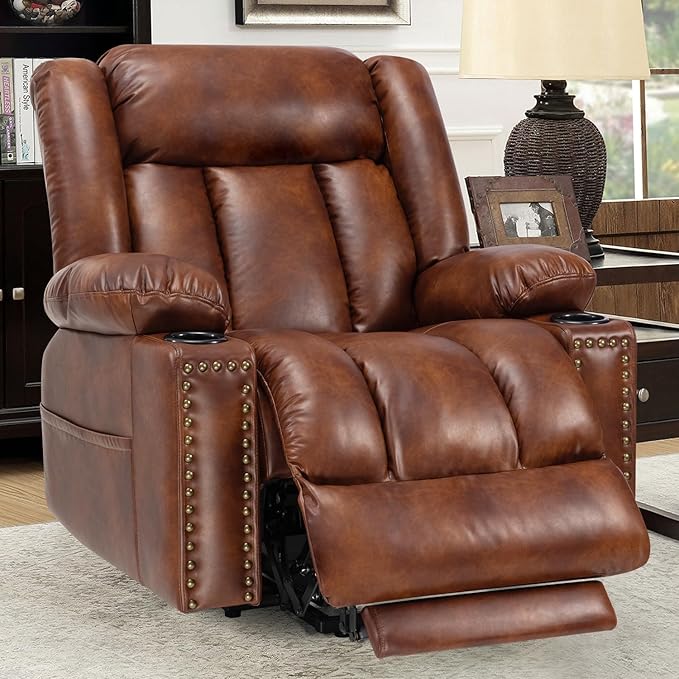Large Power Lift Chair Recliner for Elderly with Heated and Massage, Overstuffed Adjustable Lift Chair, 3 Position, Breathable Leather, USB-A&USB-C, Cup Holder (Tall Man-7523, Brown)