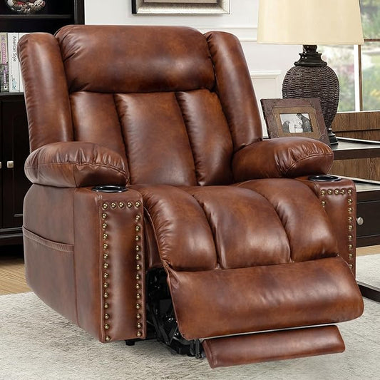 Large Power Lift Chair Recliner for Elderly with Heated and Massage, Overstuffed Adjustable Lift Chair, 3 Position, Breathable Leather, USB-A&USB-C, Cup Holder (Tall Man-7523, Brown)