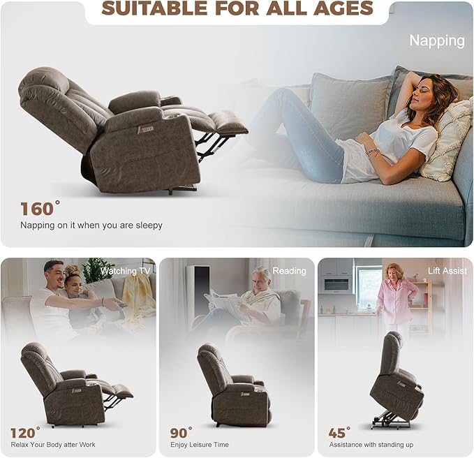 HUSFU Oversized Power Lift Recliner Chairs for Elderly with Massage and Heat, Extra Wide Recliners,Breathable Leather Lift Chairs w/Cup Holders, USB & Type-C Ports, Matte Grey