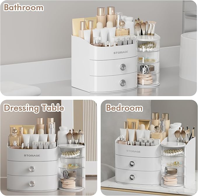 Makeup Organizer Countertop with Drawers, Make up Organizers for Vanity, Skincare Jewelry Earring Organizers, Cosmetic Display Cases Makeup Storage for Bedroom & Bathroom, Ideal Gifts for Women(White)