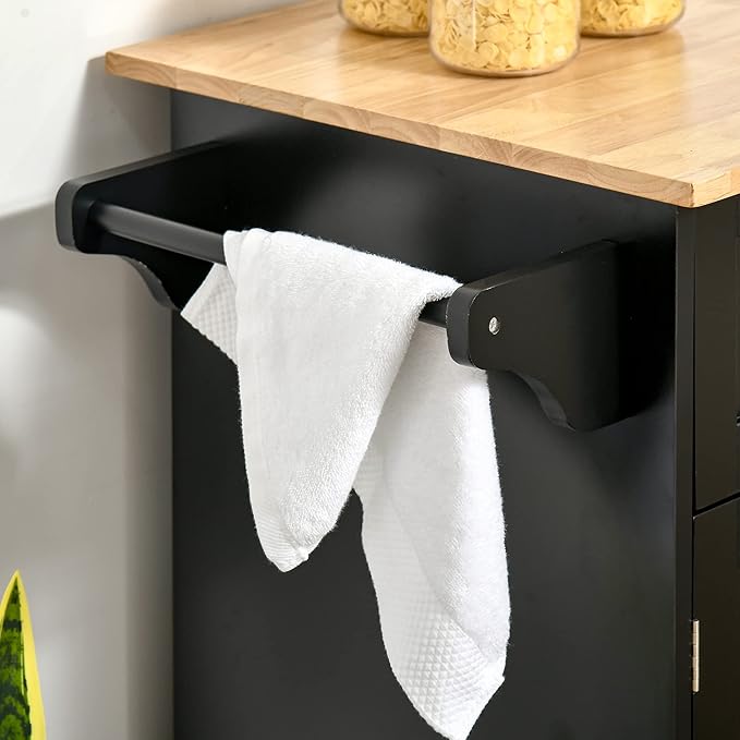 HOMCOM 41" Modern Rolling Kitchen Island on Wheels, Utility Cart Storage Trolley with Rubberwood Top & Drawers, Black