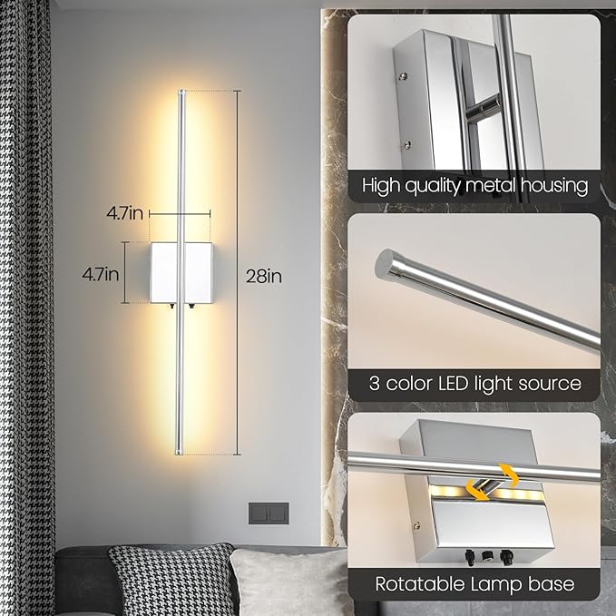 LED Wireless Battery Operated Wall Sconces, 11000mAh Rechargeable Chrome Wall Lights with Remote Control, 350°Rotate Dimmable Wall Lamp, 3 Color Temperatures, for Bedroom Living Room Hallway, 1 PCS