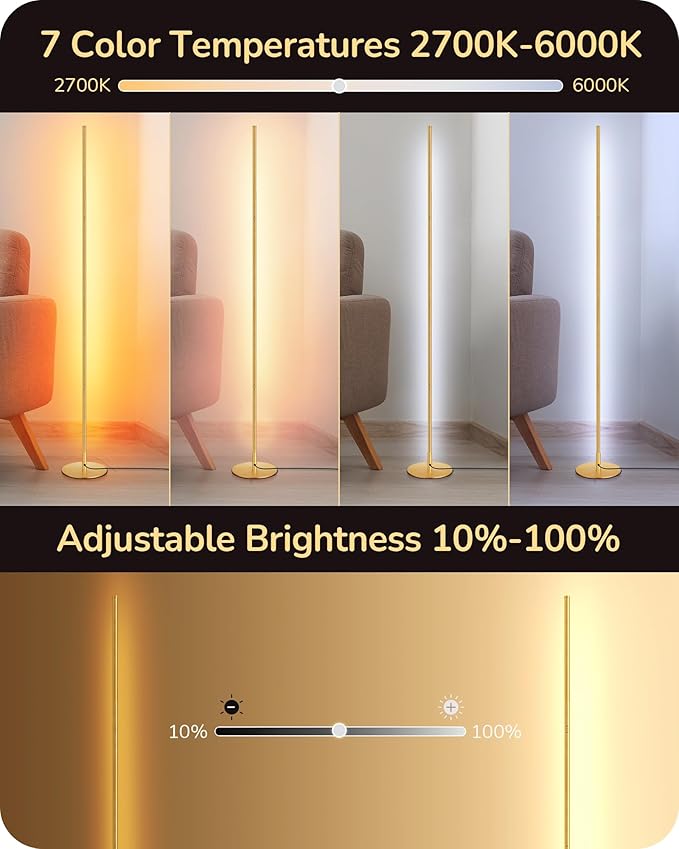 EDISHINE LED Corner Floor Lamp, Set of 2, Dimmable, Adjustable Standing Light, 7 Color Temperature 3000-6000K, Modern Minimalist Floor Lamp for Bedroom, Living Room, Office, Gold