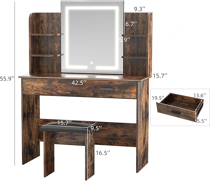 SMOOL Vanity with Lighted Mirror, Makeup Vanity Desk with Power Outlet, 3 Color Light Options Adjustable Brightness, Vanity Table with 6 Storage Shelves, 2 Large Drawers and Cushioned Stool, Rustic