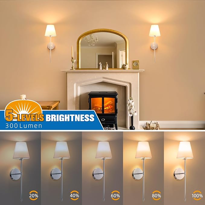 NIORSUN 19.9 inch Battery Operated Wall Sconce Set of 2,Brushed Nickel Rechargeable Wall Lights with 5200mAh Dimmable Detachable Bulbs and Remote,10 Colors Wireless Sconces for Bedroom Living Room