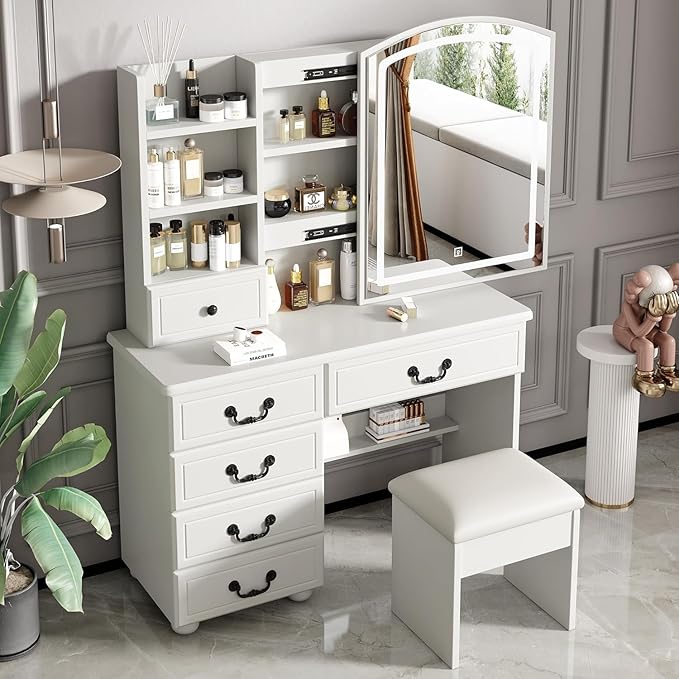 Elegant Vanity Desk with Lighted Mirror, 6 Drawer White Dressing Table Set for Bedroom, Features Adjustable 3-Color LED Lights, Perfect Makeup Vanity with Storage