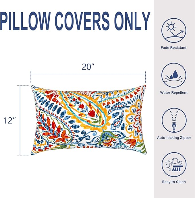 Pack of 2 Outdoor Lumbar Pillow Covers, All Weather Cushion Pillow Cases 12x20 Inch, Pillowcase for Patio Couch Decoration, Paisley Multi