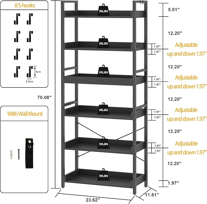 HCHQHS 6 Tier Bookshelf, Adjustable Industrial Bookcase, Vertical Tall Book Shelf, Wood and Black Metal Open Bookshelves for Home Office, Living Room, Bedroom, 70 Inch