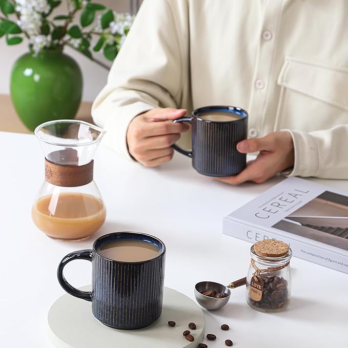 Coffee Mugs Set of 4, 12 OZ Ceramic Coffee Mugs with Handle, Vertical Stripes Coffee Cups Set for Latte/Tea/Cocoa/Milk, Microwave and Diahwasher Safe (Star Blue)