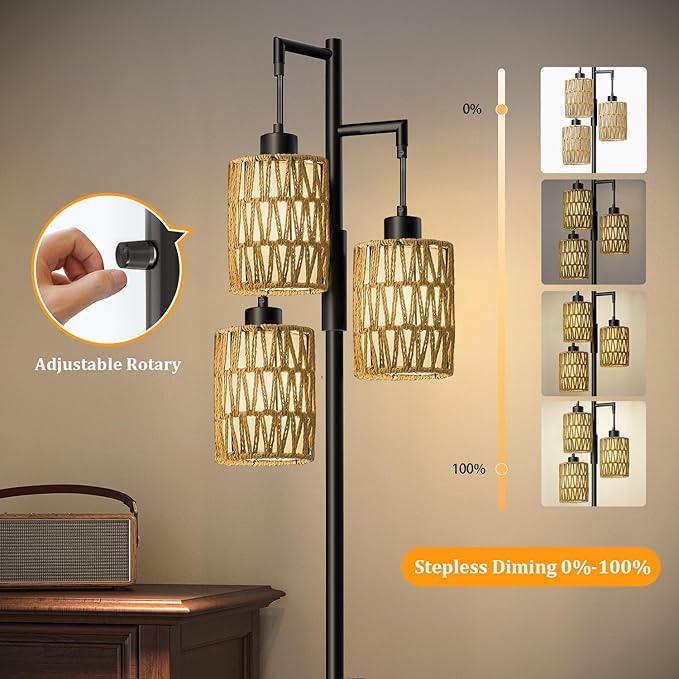 Oneach 70" Floor Lamps for Living Room, Stepless Dimmable Boho Floor Lamp with 3 Bulbs, Tall Farmhouse Industrial Corner Standing Tree Lamp for Bedroom, Office, Study Room, Rattan with Linen Shade