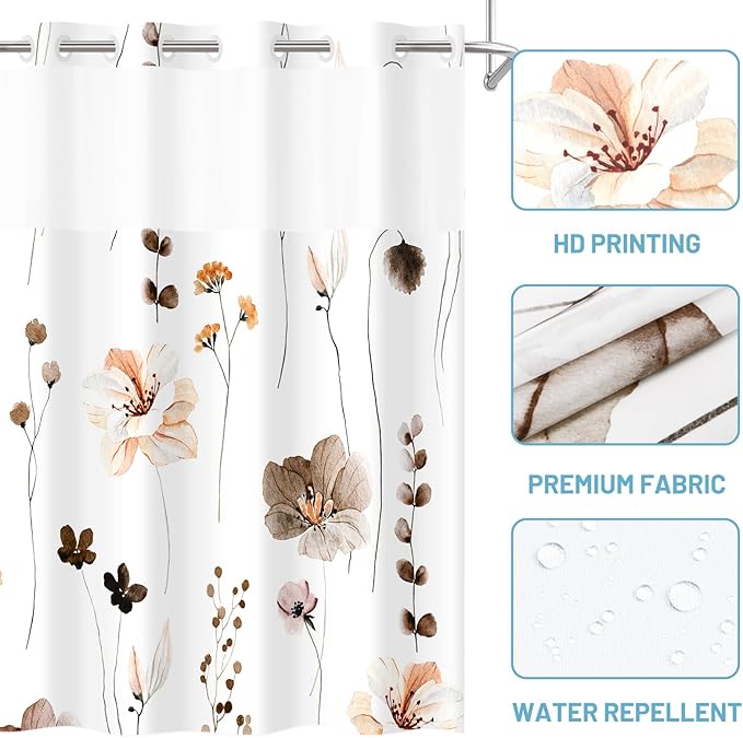 No Hook Shower Curtain with Snap in Liner - Floral Shower Curtain - Fabric Waterproof Inner Liner, Plants Watercolor Brown Modern Cloth Shower Curtains - Machine Washable, 71 x 74