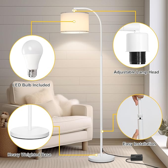 Floor Lamps for Living Room, White Arc Floor Lamp with Stepless Dimmer, Modern Standing Lamp with Adjustable Drum Shade, Tall Pole Lamp for Bedroom Study Room Office, 9W 3000K LED Bulb Included