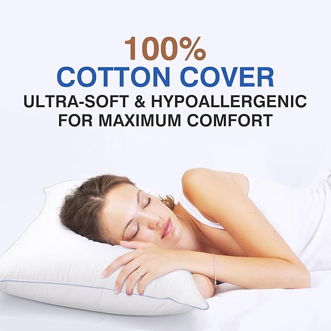 Goose Feather Pillow Queen Size Pack of 2 - Down Hotel Bed Pillows for Sleeping, Soft 600 Thread Count Cotton Cover, Fluffy Support Surround Fill Polyester for Back, Stomach, Side Sleepers