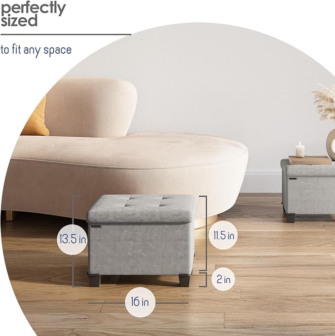 STORAGEBUD Storage Ottoman Cube with Small Bin, 16-in Square Ottoman with Storage for Living Room and Bedroom, Small Ottomans Foot Rest, Velvet Foot Stools Ottomans Max 330lbs, Light Grey