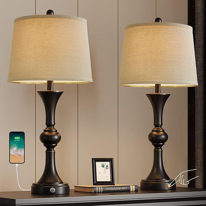 Oneach 28" Table Lamps for Living Room Set of 2, Bedside Lamps with 3 Way Dimmable Touch Lamps for Nightstand Bedroom Farmhouse Lamp End Table Lamp with USB Charging Port