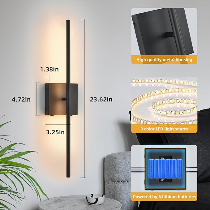 Battery Operated Wall Sconces Set of 2, Black Rechargeable Wall Sconce with Remote Control, 3000K-6000K Dimmable LED Wireless Wall Light for Living Room, Hallway, Bedroom, Stairs, 23.6 Inch