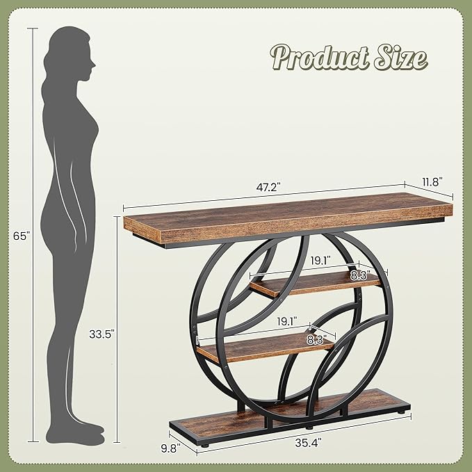 Huuger 47.2 Inch Entryway Table, Industrial Console Sofa Table with Storage, Accent Table with Shelves, for Entry, Hallway, Entrance, Foyer, O-Shaped Metal Frame, Rusitc Brown
