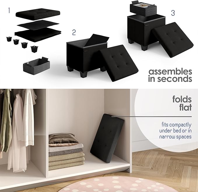 STORAGEBUD Storage Ottoman Cube with Small Bin, 15-in Square Ottoman with Storage for Living Room and Bedroom, Small Ottomans Foot Rest, Velvet Foot Stools Ottomans Max 330lbs, Black