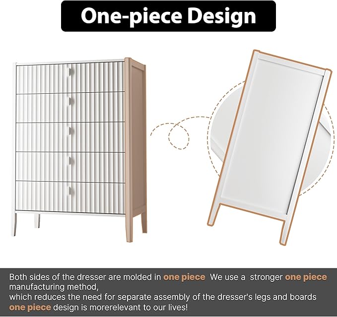 White 5 Drawer Dresser, Fluted Wood Chest of Drawers for Bedroom, Modern Dresser with Deep Drawers for Clothes, 32 Inch Tall Nightstand for Bedroom, Living Rooms, Offices, and Entryways