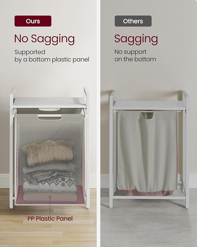 VASAGLE Laundry Hamper, Laundry Basket, Laundry Sorter with A Pull-Out and Removable Bag, Shelf, Metal Frame, 17.2 Gallons (65 L), 19.7 x 13 x 28.4 Inches, White UBLH101W01
