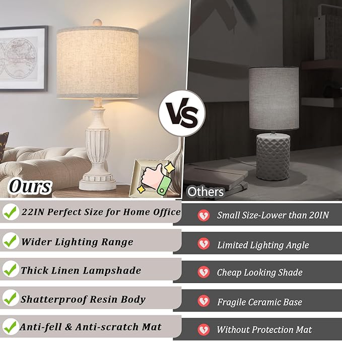 TOBUSA 22“ Farmhouse Table Lamps Set of 2, White Rustic Vintage Table Lamps for Living Room Bedroom, Antique Bedside Desk Lamps with Linen Shade, Traditional Resin Nightstand Lamp Sets for End Table