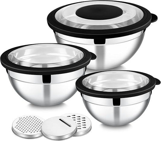 E-far Mixing Bowls with Lids and Graters, Stainless Steel Salad Mixing Bowl with Transparent Lid Set of 3, Metal Nesting Salad Storage for Kitchen Prepping/Serving/Baking, 4.6/2.6/1.5QT - Black